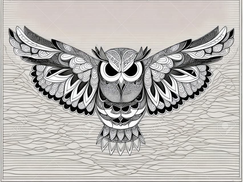 Owl bird coloring book for adults vector illustration. Anti-stress coloring for adult. Zentangle style. Black and white lines. Lace pattern