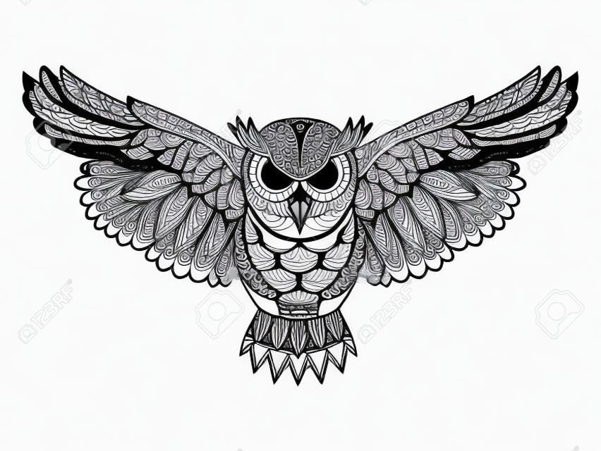 uccelli Owl libro da colorare per l'illustrazione vettoriale adulti. Antistress colorare per adulti. stile Zentangle. linee bianche e nere. modello in pizzo