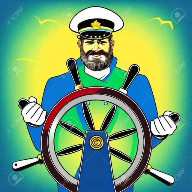 Kapitány karakter hajó kormánykerék pop art vektoros illusztráció. Humán jellegű illusztrációja. Képregény stílus utánzása. Vintage retro stílusban. koncepcionális illusztráció