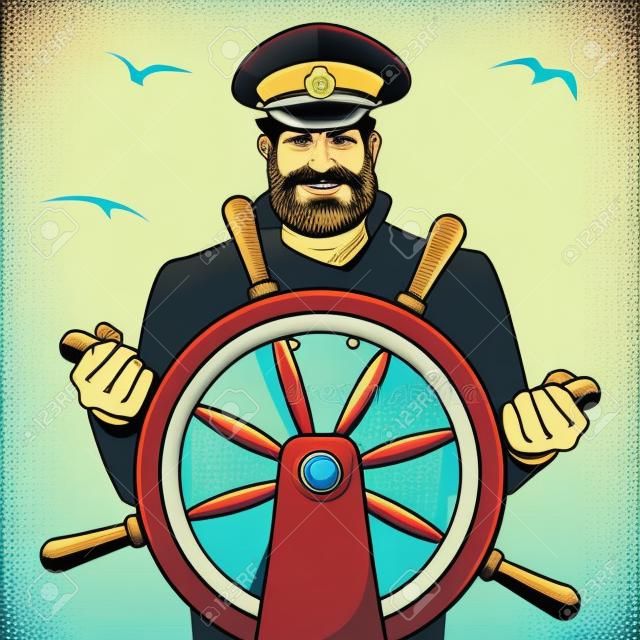 Captain character with ship steering wheel pop art vector illustration. Human character illustration. Comic book style imitation. Vintage retro style. Conceptual illustration
