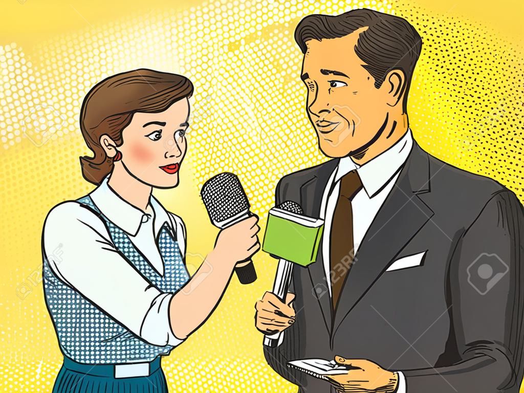 Vrouw reporter interviewen een man cartoon pop kunst vector illustratie. Menselijk stripboek vintage retro stijl.