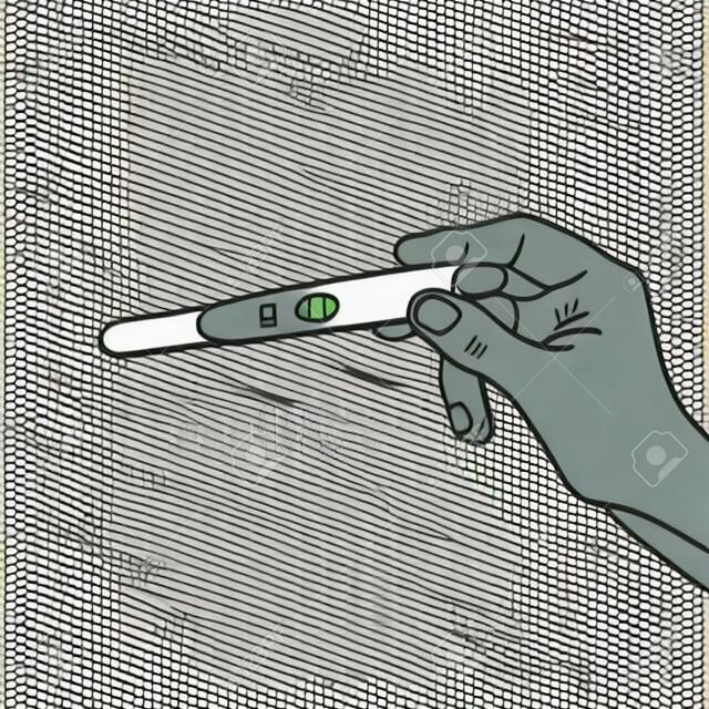 Hand holding a pregnancy test cartoon pop art vector illustration. Conceptual vintage retro style.
