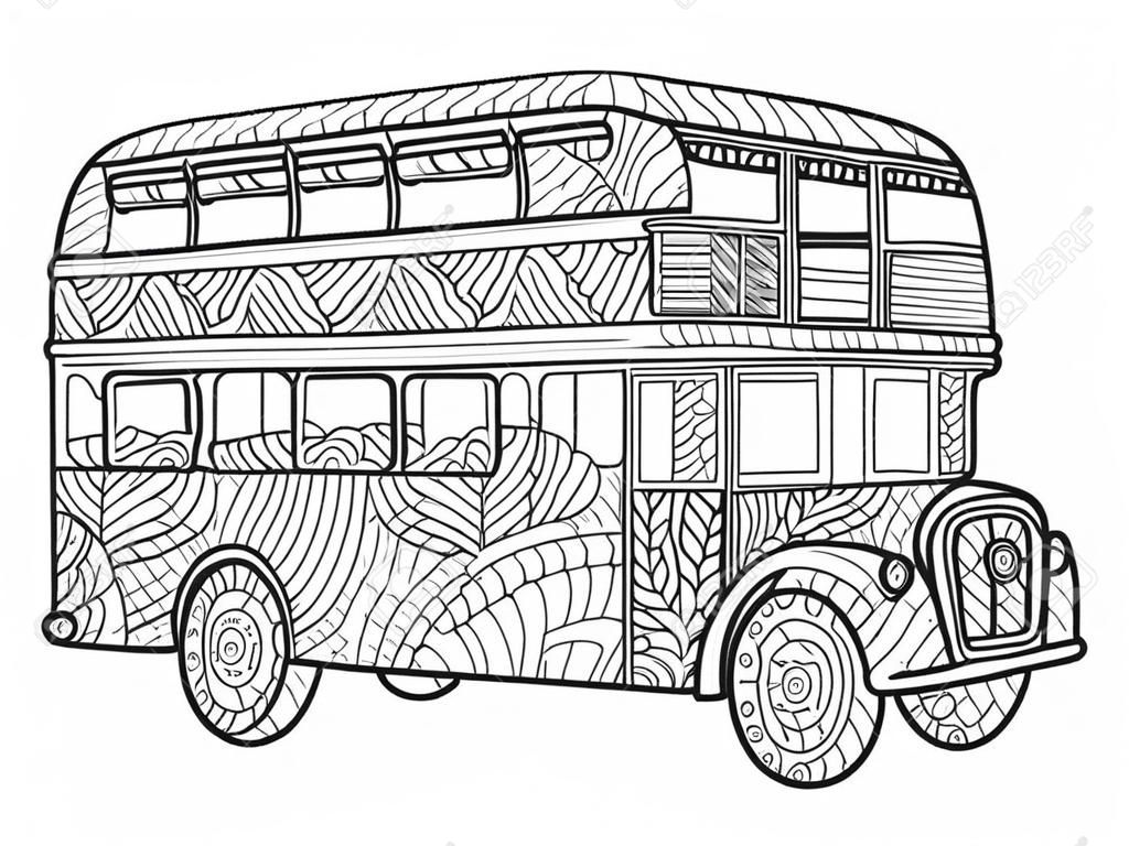 Double decker bus coloring book for adults vector illustration.