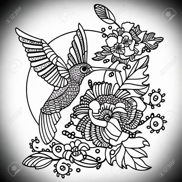 蜂鸟蜂鸟图画书成人插画矢量抗应激着色成人纹身模板zentangle风格的黑白线条的花边图案