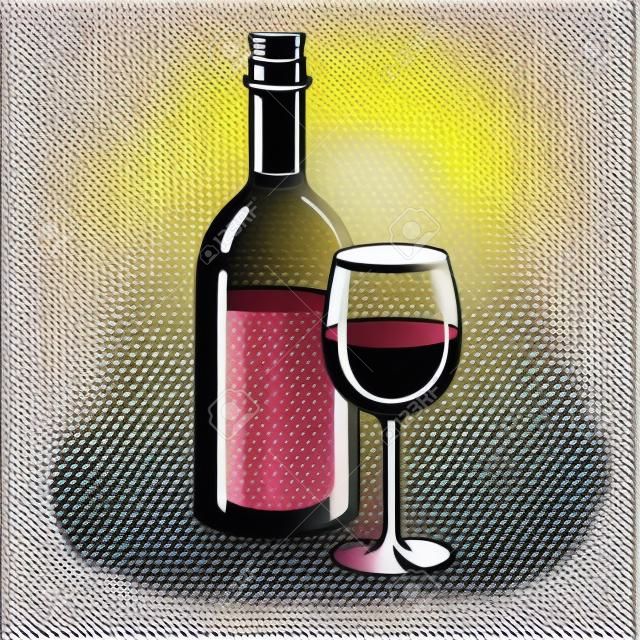 Bottle of wine with glass pop art hand drawn vector illustration.