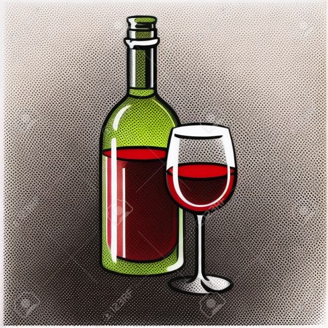 Bottle of wine with glass pop art hand drawn vector illustration.