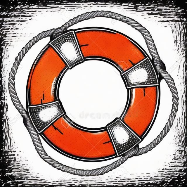 Life buoy engraving vector illustration. Scratch board style imitation. Hand drawn image.