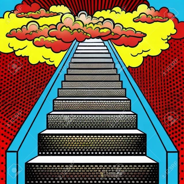 Escada para o céu pop art retro ilustração. Imitação de estilo de quadrinhos.
