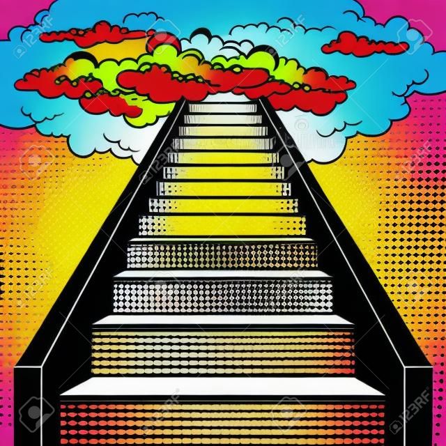 Escada para o céu pop art retro ilustração. Imitação de estilo de quadrinhos.
