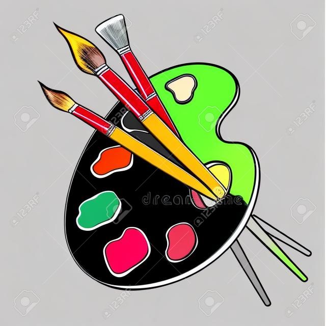 Palette with paints and brushes coloring book vector illustration. Comic book style imitation.