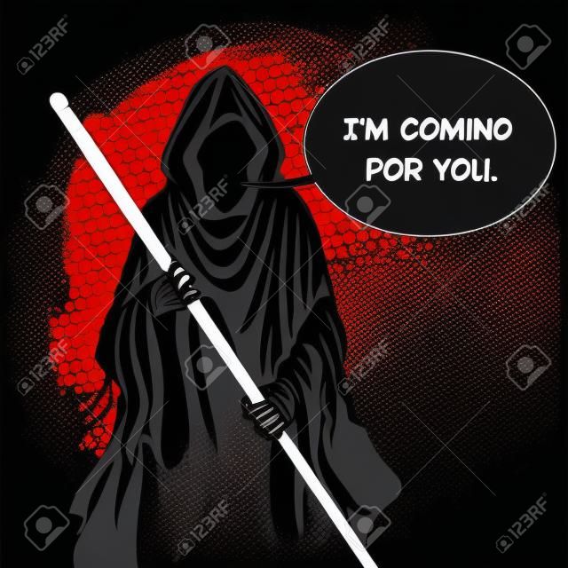 Illustration vectorielle rétro de Grim Reaper pop art. Bulle de texte. Métaphore de la mort. Imitation de style bande dessinée.
