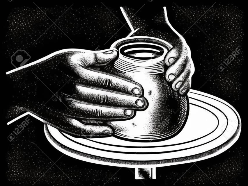 Potter fait un pot d'argile sur l'illustration vectorielle de gravure de roue de potier. Imitation de style planche à gratter. Image dessinée à la main en noir et blanc.