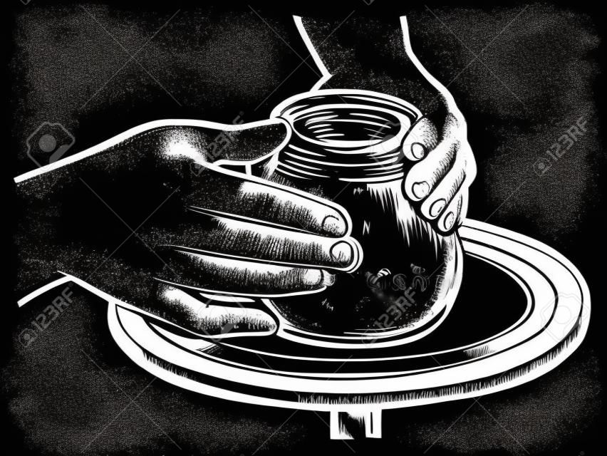 Potter hace olla de barro en la ilustración de vector de grabado de rueda de alfarero. Imitación de tablero de rascar. Imagen dibujada a mano en blanco y negro.