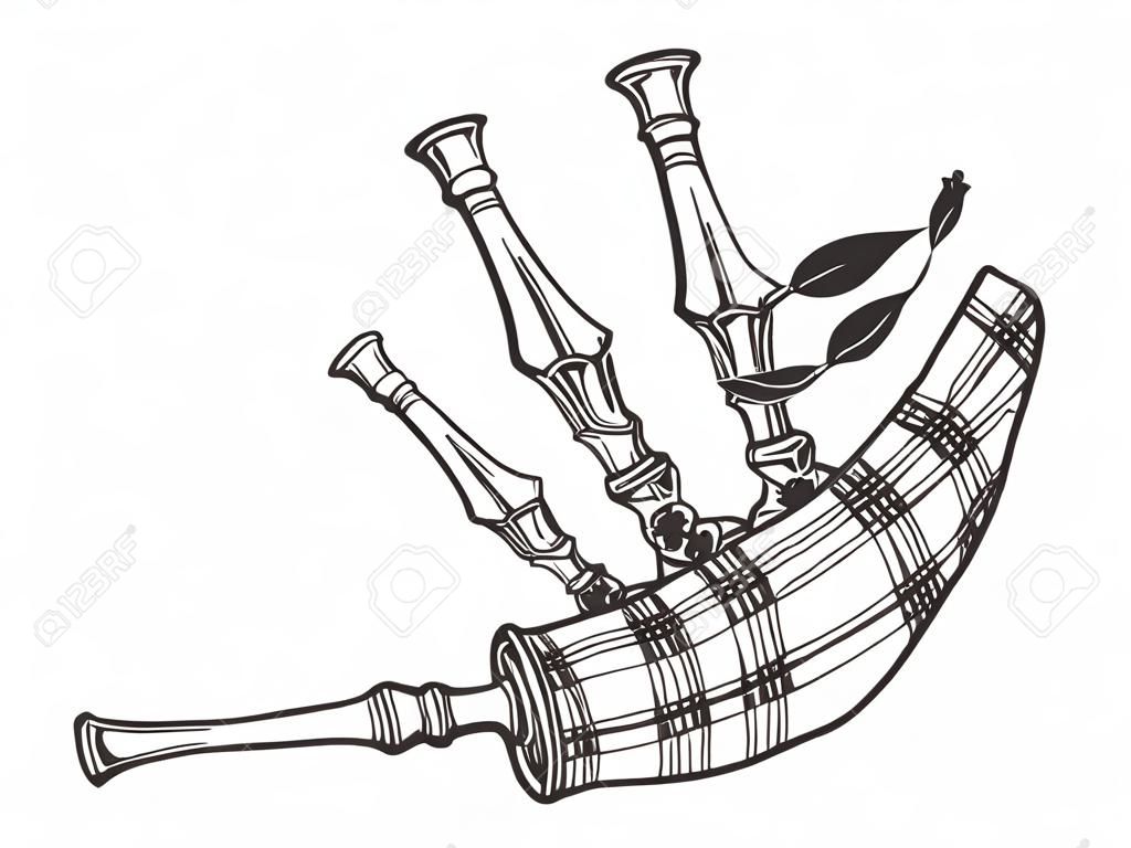 Instrument de cornemuse croquis gravure illustration vectorielle. Imitation de style planche à gratter. Image dessinée à la main en noir et blanc.