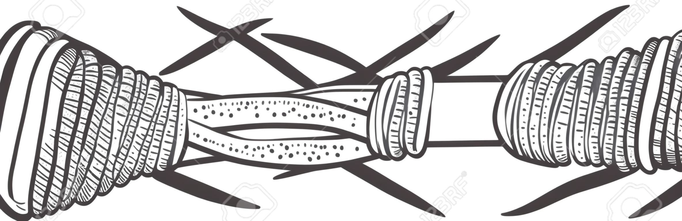 Ilustración de vector de grabado de boceto de alambre de púas. Diseño de impresión de ropa de camiseta. Imitación de tablero de rascar. Imagen dibujada a mano en blanco y negro.
