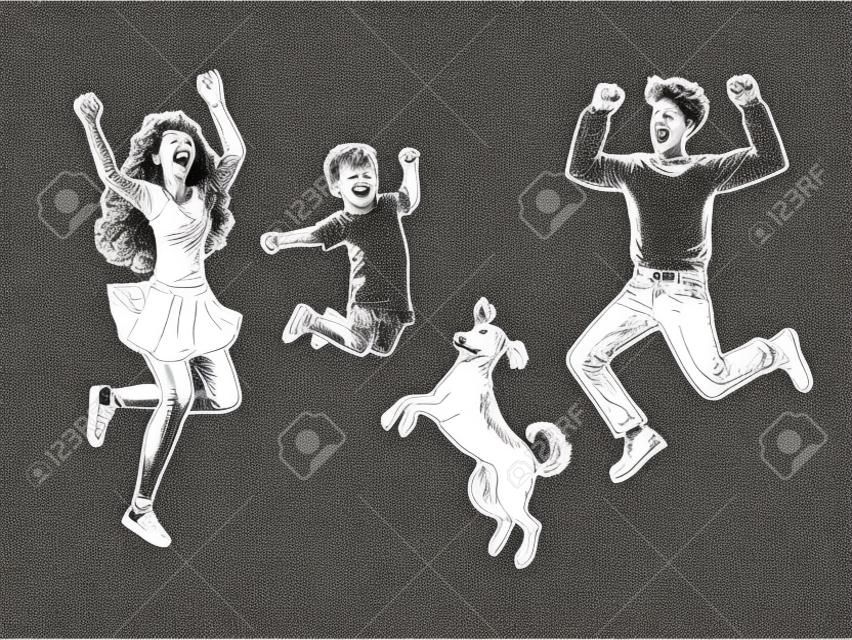 Felice che salta ballando la famiglia con l'illustrazione vettoriale dell'incisione di schizzo di cane. Design con stampa di abbigliamento t-shirt. Imitazione di stile scratch board. Immagine disegnata a mano in bianco e nero.