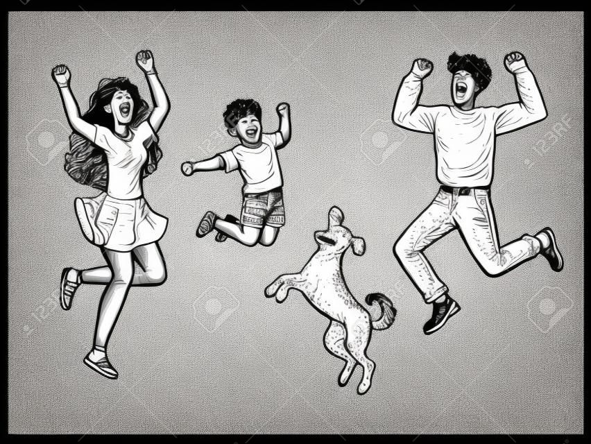 Vrolijk springen dansende familie met hond schets graveren vector illustratie. T-shirt kleding print ontwerp. Scratch board stijl imitatie. Zwart en wit met de hand getekend beeld.