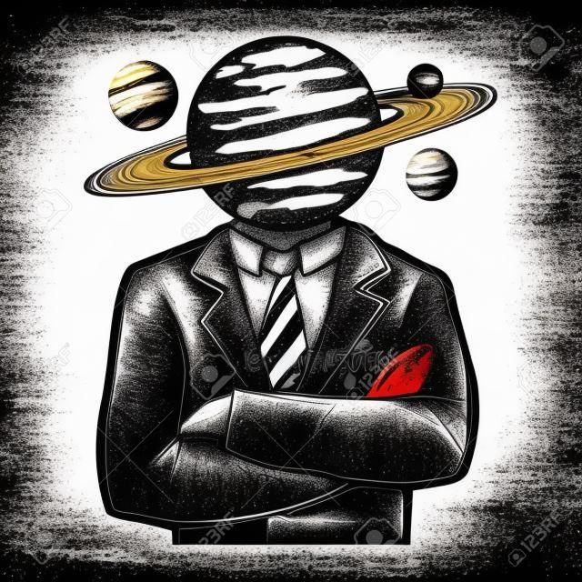 Saturn planet head businessman sketch color engraving vector illustration. T-shirt apparel print design. Scratch board imitation. Black and white hand drawn image.