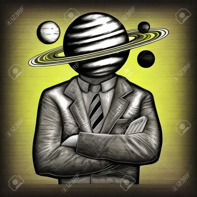 Saturn planet head businessman sketch color engraving vector illustration. T-shirt apparel print design. Scratch board imitation. Black and white hand drawn image.