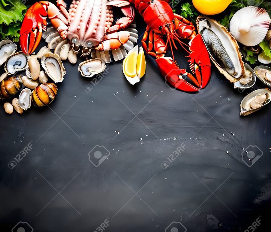 Skorupiaków talerz owoców morza, skorupiaków świeżego homara, małże, ostrygi jako znakomitą kolację tle oceanu