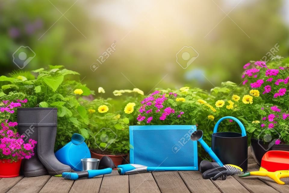 Herramientas de jardinería y flores en la terraza en el jardín