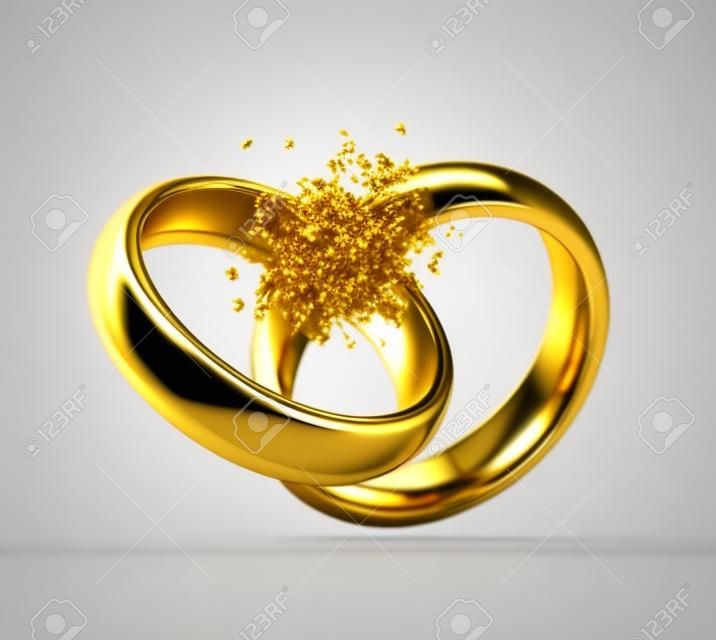 Gebroken gouden trouwringen als scheiding symbool geïsoleerd op witte achtergrond (3d render)