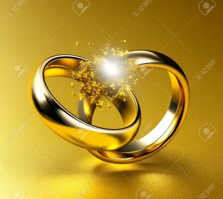 Gebroken gouden trouwringen als scheiding symbool geïsoleerd op witte achtergrond (3d render)