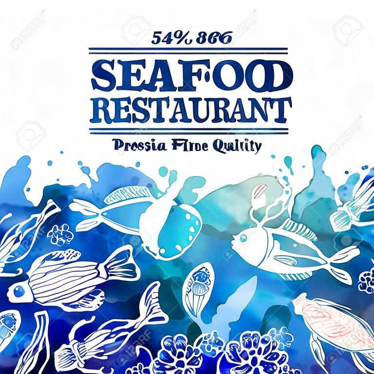 Restaurante de frutos do mar. Fundo de frutos do mar com efeito de aquarela