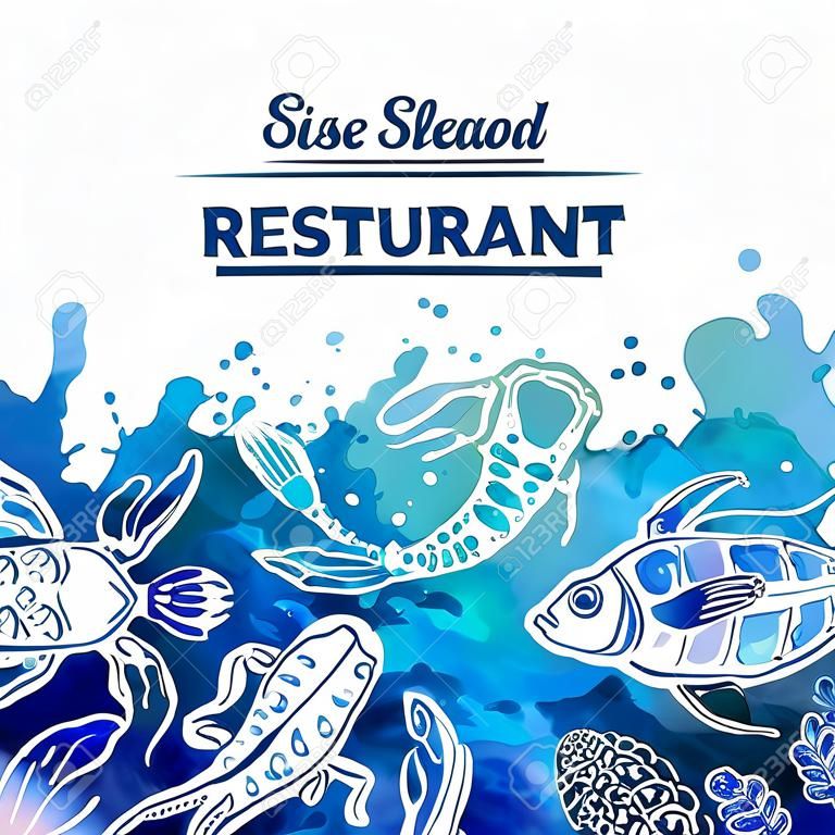 海鮮餐廳。海鮮背景隨著水彩效果