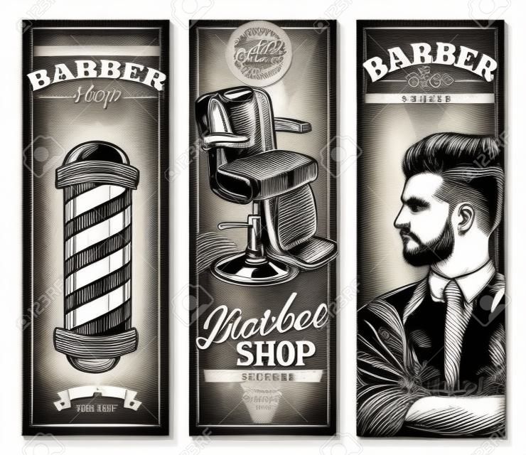 Insegne verticali disegnate a mano del negozio di barbiere di vettore con l'illustrazione dell'incisione di schizzo. Set di modelli monocromatici per parrucchiere