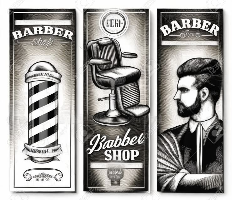 Ręcznie rysowane pionowe wektor barber shop banery z ilustracji Grawerowanie szkic. monochromatyczne szablony do salonu fryzjerskiego