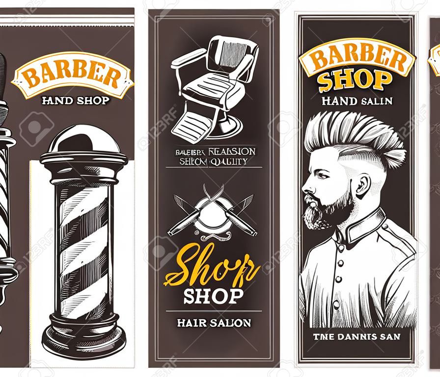Bannières de salon de coiffure vecteur vertical dessinés à la main avec illustration de gravure de croquis. Ensemble de modèles monochromes pour salon de coiffure