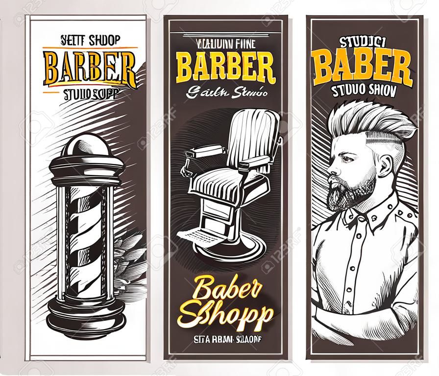 Hand drawn vertical vector barber shop banners with sketch engraving illustration. Monochrome templates set for hair salon