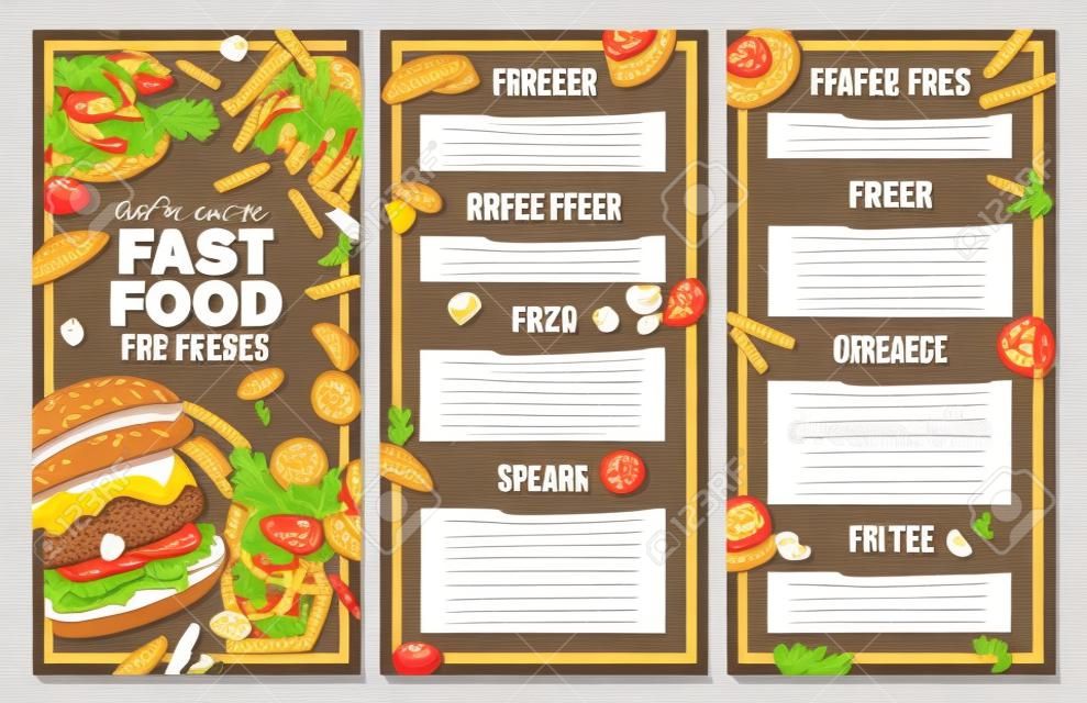 Fast-Food-Vektormenüvorlage im Skizzenstil. Design für Restaurantmenü mit handgezeichneten Illustrationen von Burger, Getränk, Pommes Frites, Pizza auf Tafel