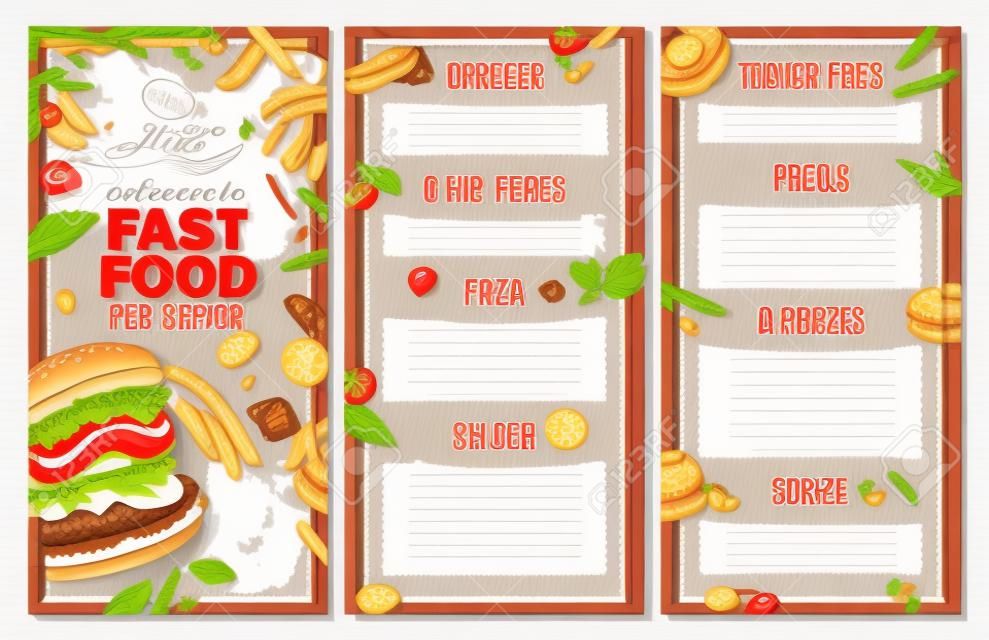 Modelo de menu de vetor de fast food em estilo de esboço. Design para menu de restaurante com ilustrações desenhadas à mão de hambúrguer, bebida, batatas fritas, pizza no chalckboard
