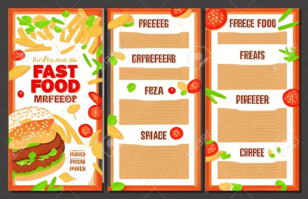Fast-Food-Vektormenüvorlage im Skizzenstil. Design für Restaurantmenü mit handgezeichneten Illustrationen von Burger, Getränk, Pommes Frites, Pizza auf Tafel