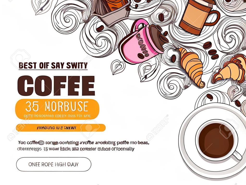 Coffee advertising poster design with 3d coffee cup and hand drawn doodle beans, croissant, mug of beverage and swirls in steam. Illustration with mixing realistic and cartoon sketch styles