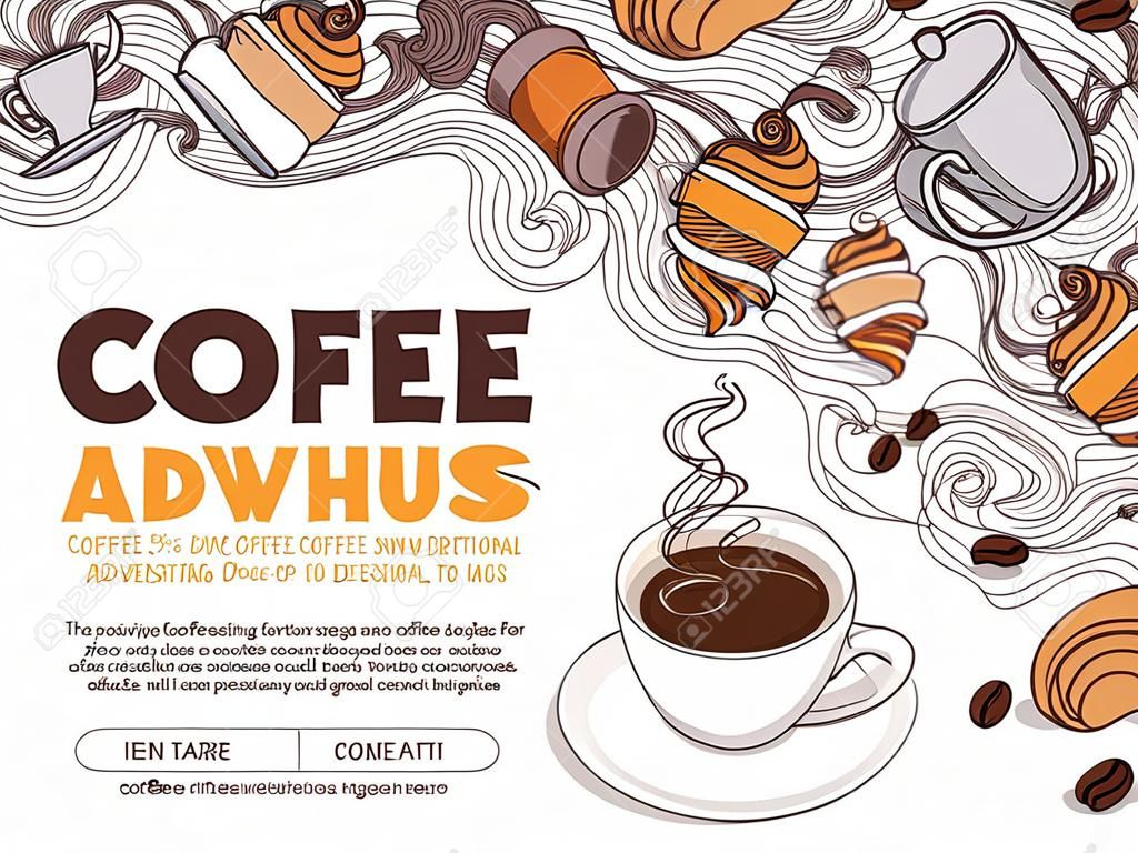 Coffee advertising poster design with 3d coffee cup and hand drawn doodle beans, croissant, mug of beverage and swirls in steam. Illustration with mixing realistic and cartoon sketch styles