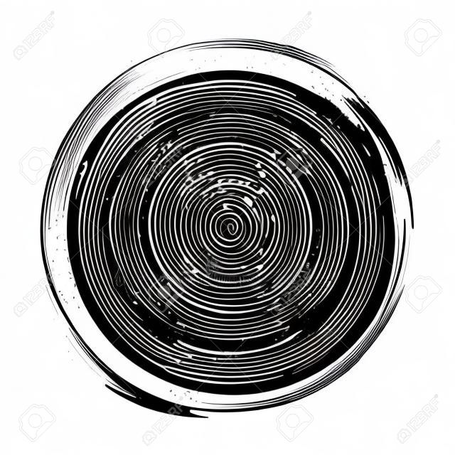 vettore pennellate cerchi di vernice su sfondo bianco. Cerchio del pennello disegnato a mano dell'inchiostro. Logo, illustrazione di vettore dell'elemento di progettazione dell'etichetta. Cerchio astratto nero.
