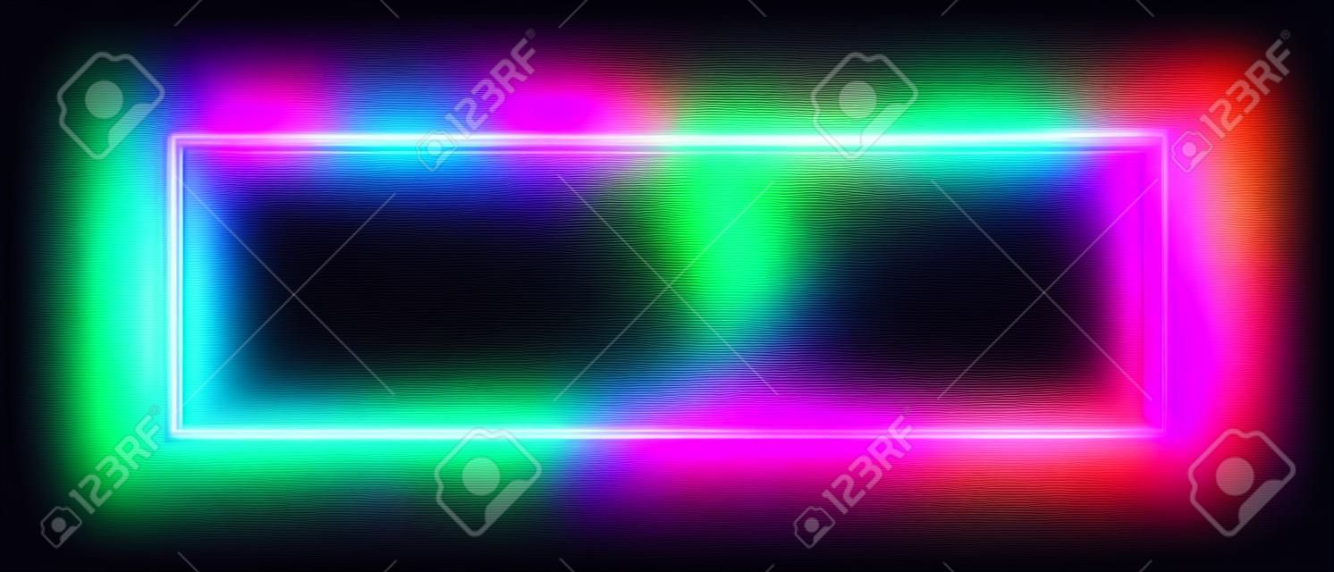Quadro retangular de néon ou sinal horizontal de luzes de néon. Fundo abstrato do vetor, túnel, portal. Forma geométrica do contorno do brilho ou linhas brilhantes do laser. Fundo abstrato com espaço para seu texto