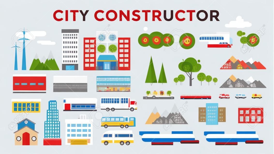建物や都市交通フラット スタイル イラスト。フラットなデザインの街ダウンタウン背景。道路と都市の建物、空と山。アーキテクチャ、小さな町の市場、病院、教会、ショップ、バス、消防車、ヘリコプター