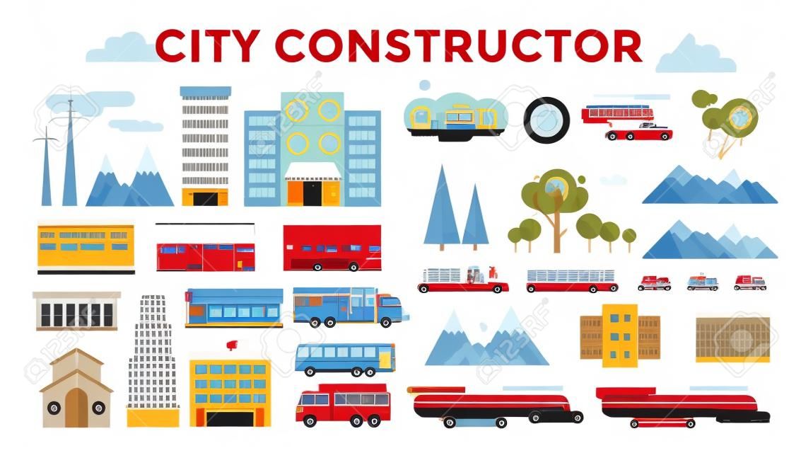 建築物和城市交通扁平式的說明。扁平設計的城市繁華背景。道路和城市建築物，天空和山脈。建築小城鎮市場，醫院，教堂，商店，公交車，消防車，直升機