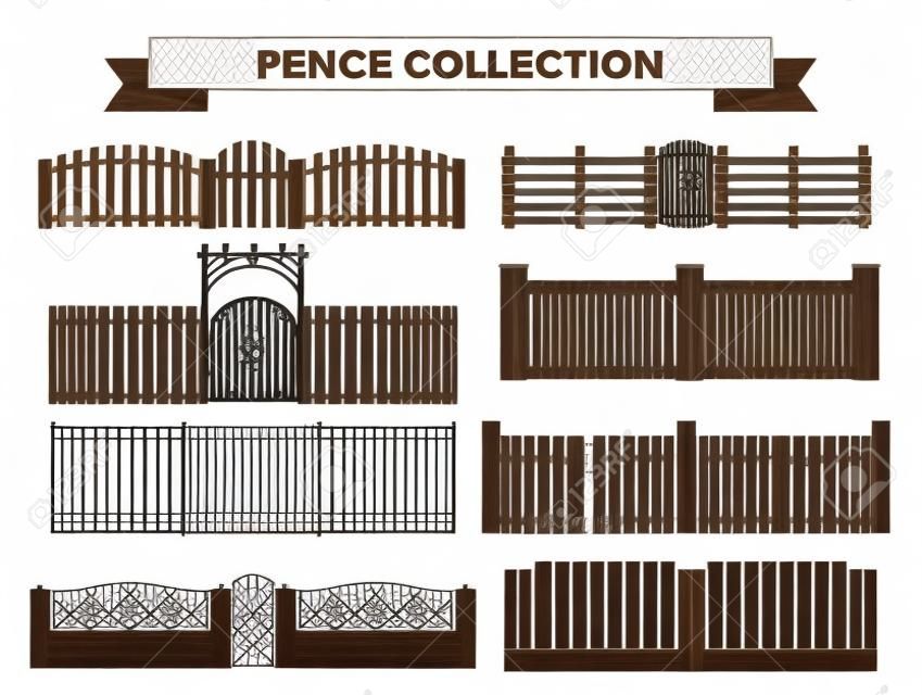 Différents modèles de clôtures et portails isolés sur un fond blanc. Clôtures et portails illustration. Clôtures et portails vecteur isolé. Clôture en bois, clôture en métal, mur de pierre. bâtiments maison de clôture