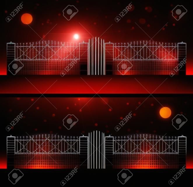 Metallic and brocks fence isolated on night background. Fences vector illustration. Fences railing vector isolated. Metall fence, long fence, vector fence. Fence silhouette construction isolated