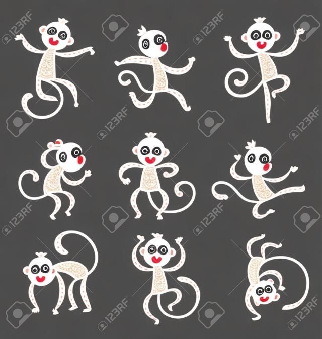 Decoración china del vector del mono iconos de Año Nuevo. 2016 estilo chino de dibujos animados mono nuevo año. vector mono feliz para el diseño de Año Nuevo de China. Ilustración del vector del mono chino. Mono negro, icono blanco