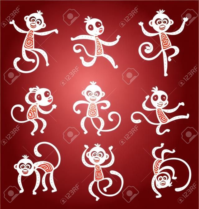 Decoración china del vector del mono iconos de Año Nuevo. 2016 estilo chino de dibujos animados mono nuevo año. vector mono feliz para el diseño de Año Nuevo de China. Ilustración del vector del mono chino. Mono negro, icono blanco