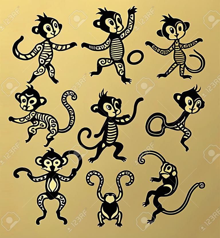 中国の旧正月猿ベクトル装飾アイコンです。2016 年猿漫画中国スタイル。幸せな猿中国お正月デザインのベクトル。中国猿ベクトル イラスト。モンキーの黒と白のアイコン
