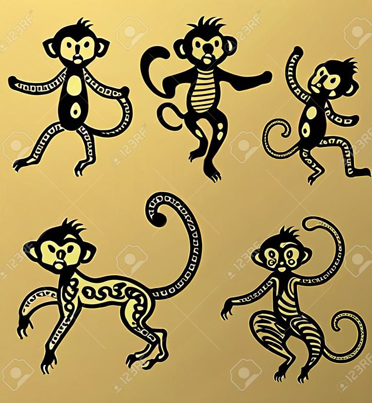 中国の旧正月猿ベクトル装飾アイコンです。2016 年猿漫画中国スタイル。幸せな猿中国お正月デザインのベクトル。中国猿ベクトル イラスト。モンキーの黒と白のアイコン