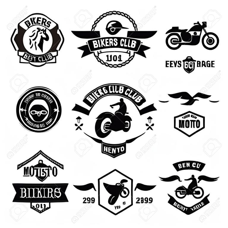 Bikers Abzeichen Embleme Vektor-Icons. Bikers Club-Logo-Symbol. Motorrad-Vektor-Logo gesetzt Sammlung. Vector Bikerclub Zeichen. Moto Fahrrad-Club Biker Abzeichen, Logo, Briefmarke. Weinlese-Biker Vektor-Logo-Symbol