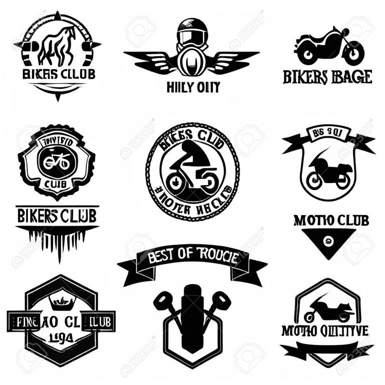 Bikers Abzeichen Embleme Vektor-Icons. Bikers Club-Logo-Symbol. Motorrad-Vektor-Logo gesetzt Sammlung. Vector Bikerclub Zeichen. Moto Fahrrad-Club Biker Abzeichen, Logo, Briefmarke. Weinlese-Biker Vektor-Logo-Symbol